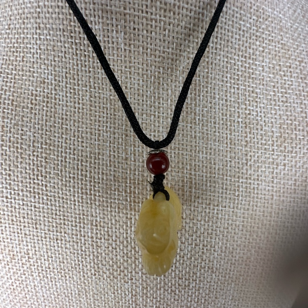 Yellow Jade Rat Carving Pendant Necklace on Black Adjustable Rope - Picture 13 of 16